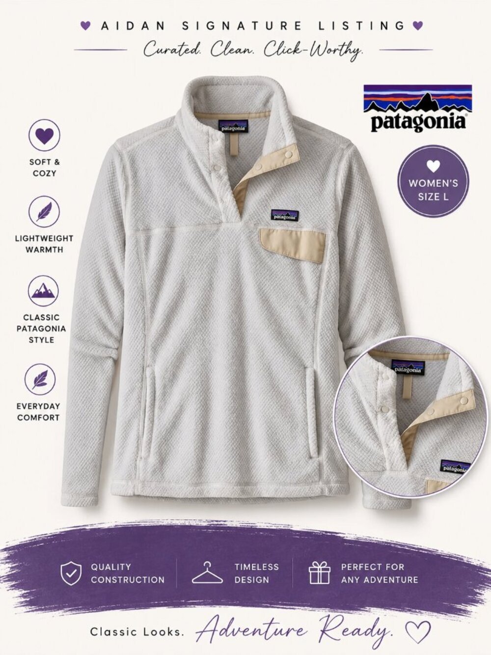 Patagonia Better Sweater Snap-T Fleece Pullover Women's Large Cream Ivory
